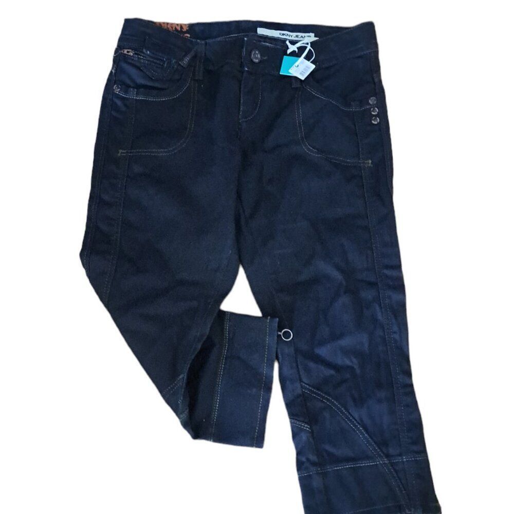 DKNY Women's Coated Dirty Blue Denim Capri Jeans Multi Seams Zipper Calf Sz 11